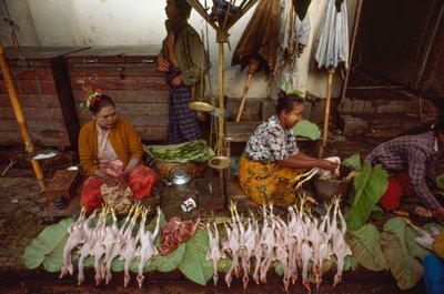 Prodejci potravin s obličeji ozdobenými thanakou, práškovou kůrou ze stromů. Taunggyi, Barma. od James L Stanfield