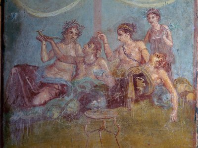 Freska římské vyšší třídy užívající si života v přepychu odhalená v Pompejích. Pompeje, Itálie. od James L Stanfield