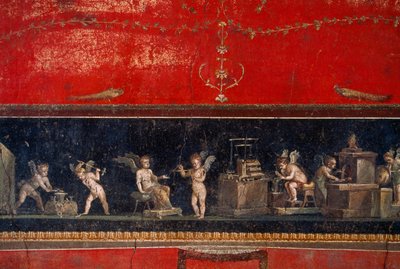 Freska odkrytá v Pompejích ukazuje zlatnické cherubíny při práci. Pompeje, Itálie. od James L Stanfield