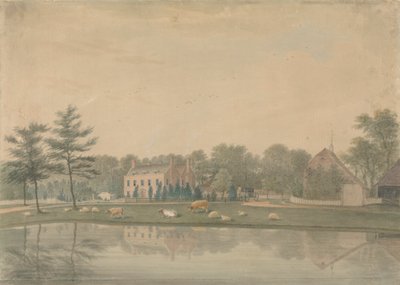 Severovýchodní pohled na dům v Ringmer s dobytkem a ovcemi u rybníka od James Lambert  of Lewes