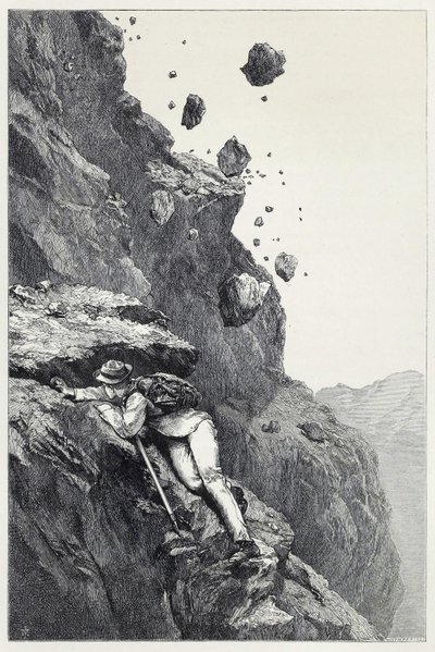 Kanonáda na Matterhornu ze Scrambles mezi Alpami v letech 1860-69, hospoda. 1871 (rytina) od James Mahoney