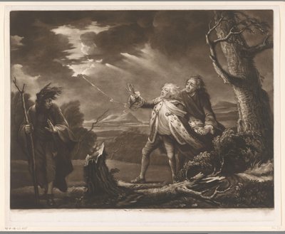 David Garrick jako král Lear s hrabětem z Kentu a Edgarem v přestrojení za Toma v bouřlivé krajině od James McArdell