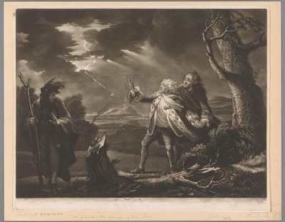 David Garrick jako král Lear s hrabětem z Kentu a Edgarem v přestrojení za Toma v bouřlivé krajině od James McArdell