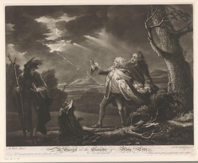 David Garrick jako král Lear s hrabětem z Kentu a Edgarem v přestrojení za Toma v bouřlivé krajině pan. Garrick v postavě krále Leara (název na předmětu) od James McArdell