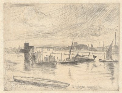 Battersea Dawn (Cadogan Pier), z Temže Set (Série šestnácti leptů scén na Temži a dalších témat) od James Abbott McNeill Whistler