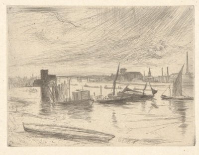 Battersea Dawn (Cadogan Pier), z Temže Set (Série šestnácti leptů scén na Temži a dalších témat) od James Abbott McNeill Whistler