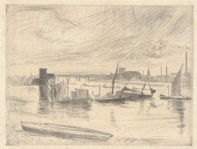 Svítání v Battersea (molo Cadogan), ze souboru Temže (série šestnácti leptů scén na Temži a jiných námětů) od James McNeill Whistler