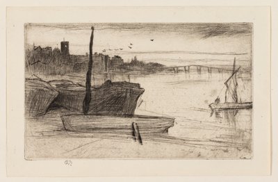 Chelsea Bridge a kostel od James Abbott McNeill Whistler