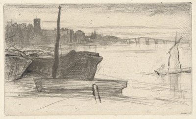 Most a kostel v Chelsea, ze souboru „Thames Set“ (série šestnácti leptů zachycujících výjevy z Temže a další náměty) od James McNeill Whistler