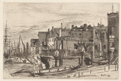 Thames Police (Wapping Wharf), ze souboru Thames Set (Série šestnácti leptů scén na Temži a dalších témat) od James Abbott McNeill Whistler