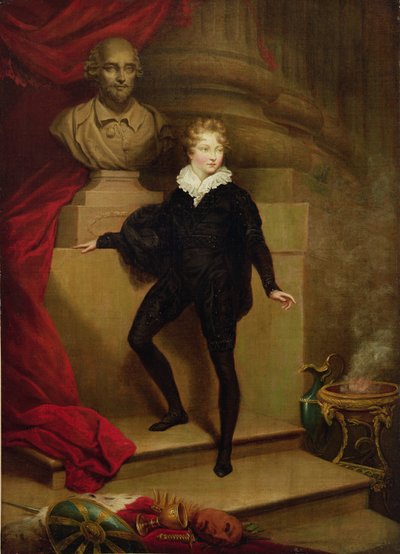 Mistr Betty jako Hamlet před bustou Shakespeara, kolem 1804-06 od James Northcote
