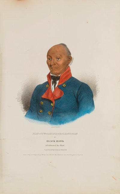 MAC-CUT-I-MISH-E-CA-CU-CAC neboli Černý jestřáb; slavný náčelník Saců, z domorodého portfolia od James Otto Lewis