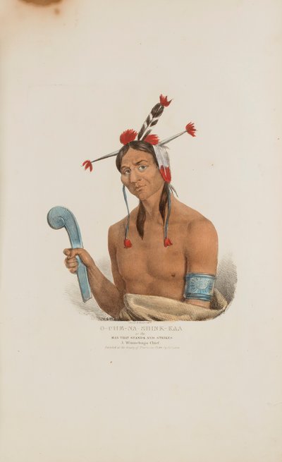 O-CHE-NA-SHINK-KAD aneb Muž, který stojí a útočí; náčelník Winnebago, z knihy The Aboriginal Portfolio (Domorodé portfolio) od James Otto Lewis