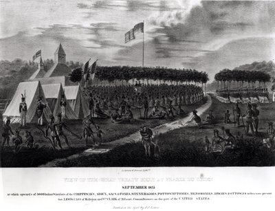 Pohled na Velkou smlouvu konanou v Prairie du Chien, Wisconsin, září 1825, z „The Aboriginal Portfolio“, 1825 od James Otto Lewis