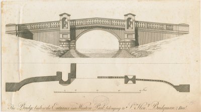 Weston-under-Lizard - Bridge at Entrance to Weston Park: rytina, nd [c 1765-1770] od James Paine