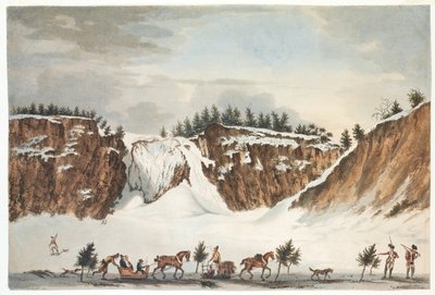 Zimní pohled na vodopády Montmorenci z cesty na ledě, který je před ním, pořízený 12. dubna 1781, vyrytý Johnem Wellsem od James Peachey