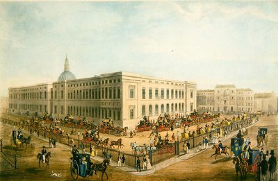 Severovýchodní pohled na Old General Post Office s Royal Mail Carriages Připravující se k odjezdu, cca 1830 (akvatinta na papíře) od James Pollard