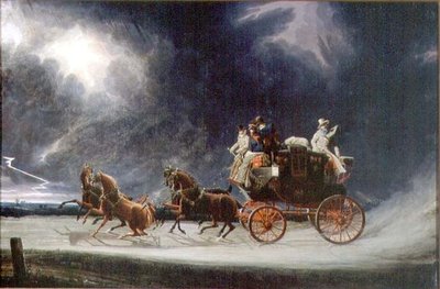 Norwich Mail Coach in a Thunderstorm na Newmarket Heath (olej na plátně) od James Pollard