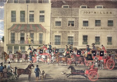 West Country Mails v Gloucester Coffee House, Piccadilly, vyryl C. Rosenberg, 1828 od James Pollard