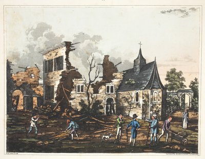 Chateau of Hougoumont: Pohled do vnitrozemí zredukovaného na hromadu ruin od James Rouse