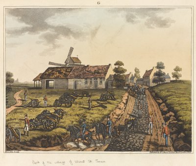 Část vesnice Mont St Jean, z „Historické zprávy o bitvě u Waterloo“, 1817 (barevná akvatinta) od James Rouse