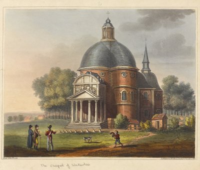 Kaple u Waterloo, z knihy "An Historical Account of the Battle of Waterloo", 1817 (kolorovaná akvatinta) od James Rouse