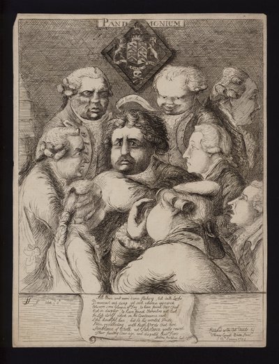 Pandemonium: satira na politickou nestabilitu v Británii po pádu koalice Fox-North a její nahrazení vládou Williama Pitta mladšího, 1784 od James Sayers