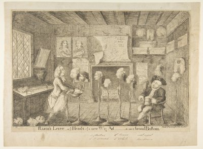 Razors Levée, or Ye Heads of a New Paruka Ad[ministration] on a Broad Bottom, 21. dubna 1783. od James Sayers