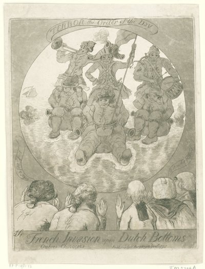 Spotprent op de Franse invasie, 1795 Francouzská invaze na nizozemské dno. Ombres Chinoises / Terror the Order of the Day (název na objektu) od James Sayers
