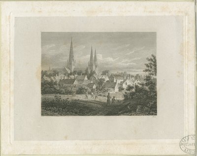 Katedrála Lichfield - pohled na severozápad (vzdálený): rytina, nd [c 1816] (tisk) od James Storer