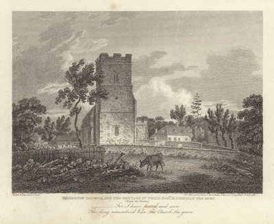 Robert Bloomfield, básník: Honington Church, and the Cottage, ve kterém se narodil Robert Bloomfield (rytina) od James Storer