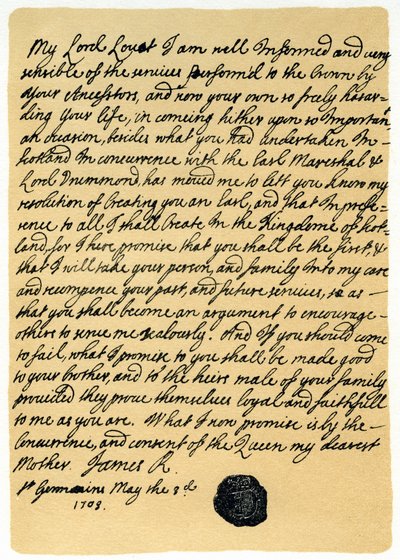 Dopis Jamese Edwarda Stuarta Simonu Fraserovi, lordu Lovatovi, St Germains, 3. května 1703. od James Stuart