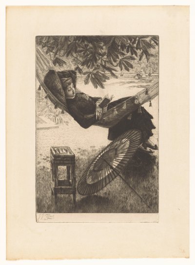 Mladá žena čtení v houpací síti od James Tissot