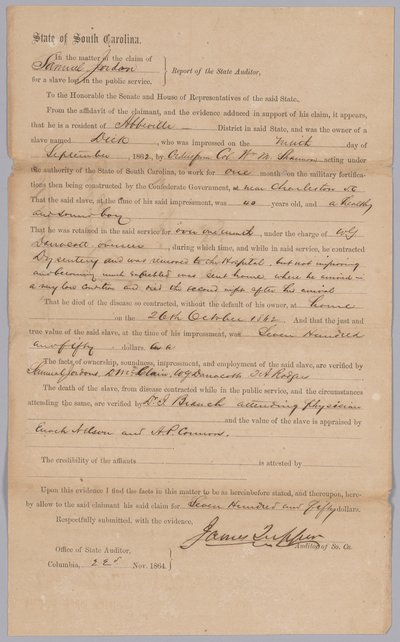 Nárok udělený konfederačním státem Jižní Karolína za zotročeného muže Dicka, 23. listopadu 1864. od James Tupper