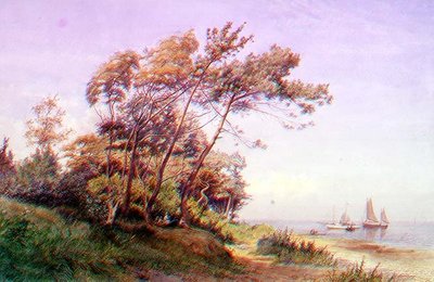 Piknik na pobřeží na Isle of Wight s jachtou ukotvenou na moři s praporem Royal Yacht Squadron od James Waite