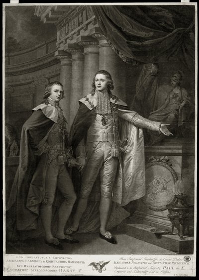 Portréty ruských velkovévodů Alexandra I. Pavloviče (1777-1825) a Constantina Pavloviče (1779-1831). Dílo Jamese Walkera (1748-cca 1808), rytina 1797. Anglické umění od James Walker