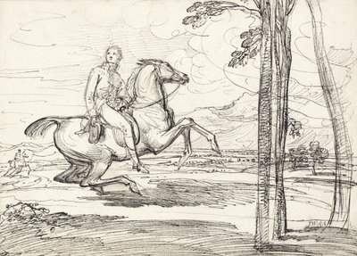 Jezdec v krajině, pravděpodobně studie pro „Theophilus Levett Fox Hunting in Wychnor Park“ od James Ward