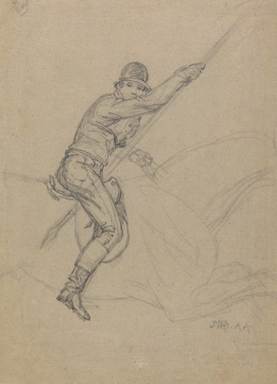 Sir Charles Blunt (nar. 1775) Lov kance a útěk před tygrem: studie k jednomu ze souboru čtyř obrazů vytvořených v roce 1815 (tužka zvýrazněná bílou na šedém papíře) od James Ward