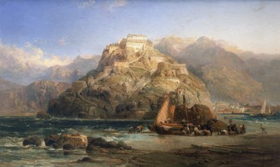 Pohled na San Sebastian (Španělsko), v centru hora Urgull a budovy hradu Santa Cruz de la Mota. Olej na plátně, autor James Webb (činný v letech 1853-1888). od James Webb