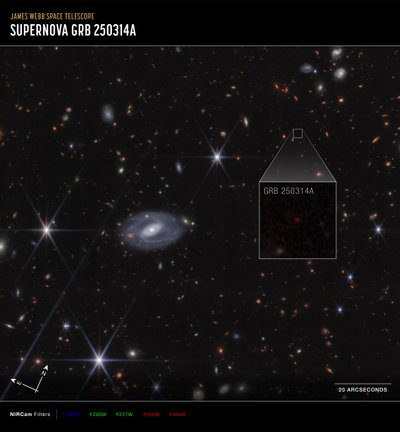 Zvětšený výřez GRB 250314A (snímek z kamery Compass NIRCam) od James Webb Space Telescope (NASA)