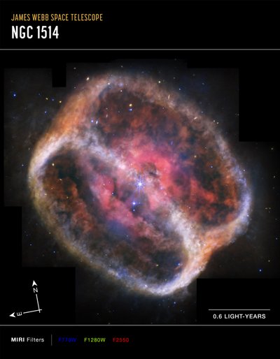 Planetární mlhovina NGC 1514 (snímek pořízený přístrojem MIRI Compass) od James Webb Space Telescope (NASA)