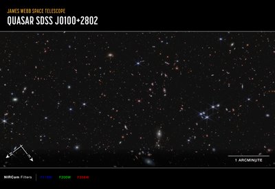 Quasar J0100+2802 (NIRCam-kompassikuva) od James Webb Space Telescope (NASA)