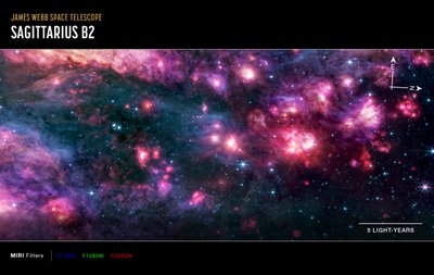 Sagittarius B2 (snímek z přístroje MIRI Compass) od James Webb Space Telescope (NASA)