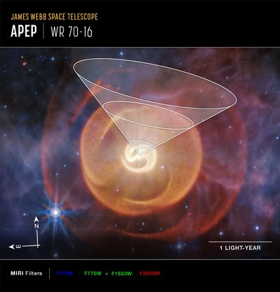 Wolf-Rayetova hvězda Apep (snímek z přístroje MIRI Compass) od James Webb Space Telescope (NASA)
