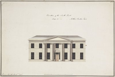 Soho House: Plán přízemí; Plán patra ložnice; Pohled na jižní frontu, Návrh A, Pohled na jižní frontu, Návrh B a Pohled na severní frontu, 1796 od James Wyatt