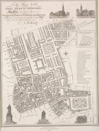 Nejvznešenějšímu Janovi, vévodovi z Bedfordu. Tento plán spojených farností St. Giles in the Fields a St. George v Bloomsbury. od James the Elder Wyld