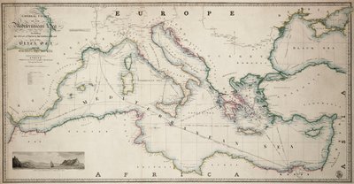 Generální mapa Středozemního moře včetně Benátského zálivu, souostroví a části Černého moře s trasami paroplavby od James the Younger Wyld