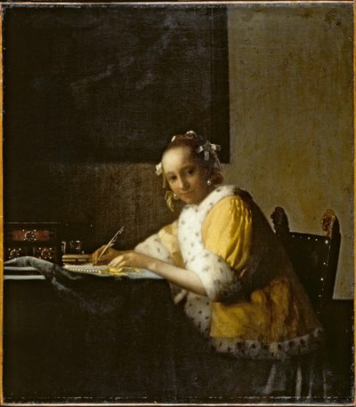 Dáma píšící ... (olej na plátně) od Jan (1632-75) Vermeer