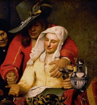 Muž podává ženě minci a dotýká se jejího ňadra, detail z The Procuress od Johannes Vermeer