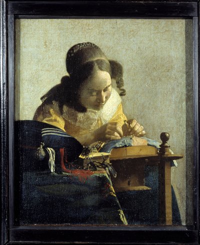 Krajka. Obraz Jana (Johannese) Vermeera z Delftu (1632-1675), cca 1658-1660. Olej na plátně. Rozměr: 0,24 x 0,21 m. Muzeum Louvre. od Johannes Vermeer